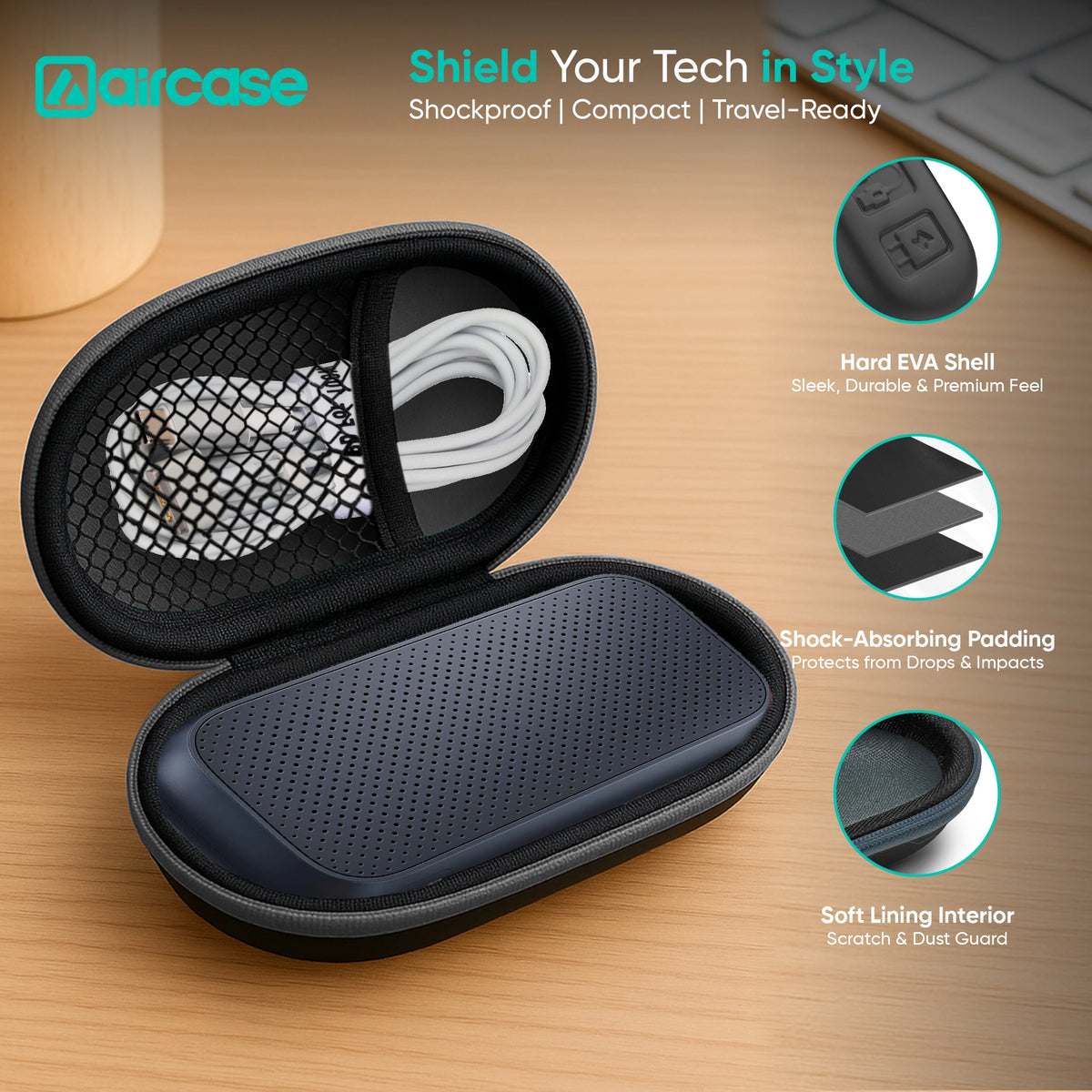 Protect SanDisk SSDs, cables, flash drives with AirCase SSD case pouch. Shockproof EVA shell, soft lining, mesh pocket + elastic loop, crush-resistant—perfect travel organizer.