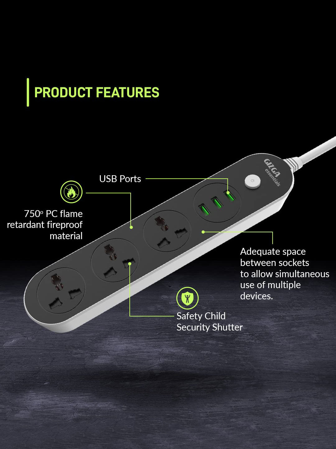 Gizga Essentials Over-Voltage Protection, Fire Retardant Material, 2500W 10A, 3USB Port & 3 Socket Extension Boards