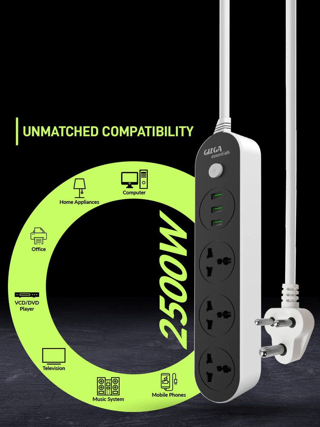 Gizga Essentials Over-Voltage Protection, Fire Retardant Material, 2500W 10A, 3USB Port & 3 Socket Extension Boards