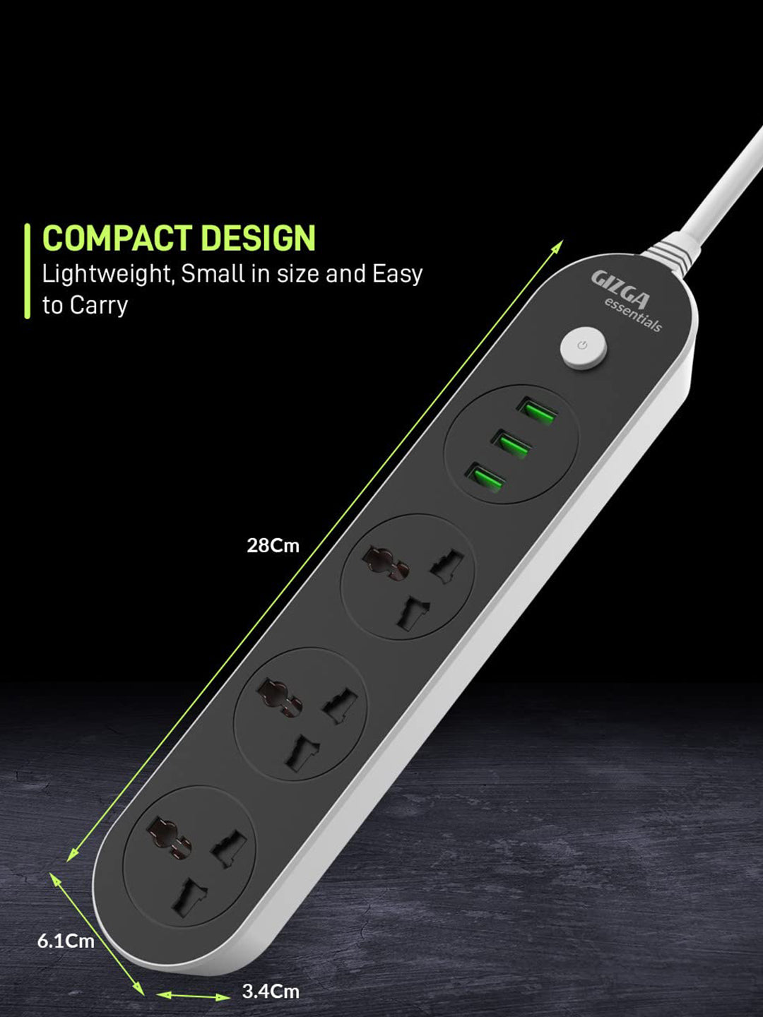 Gizga Essentials Over-Voltage Protection, Fire Retardant Material, 2500W 10A, 3USB Port & 3 Socket Extension Boards