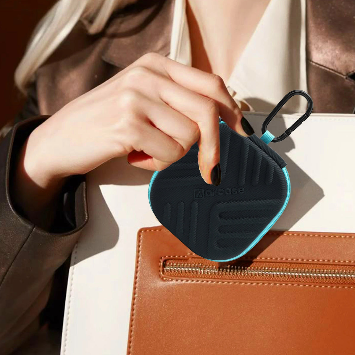 AirCase Earphone Carrying Case Cover with Shockproof EVA Hardshell & Soft Lining| Travel Organizer Pouch with Carabiner, Mesh Pocket, Zipper Closure for Earbuds, USB Drives, SD Cards, Cables