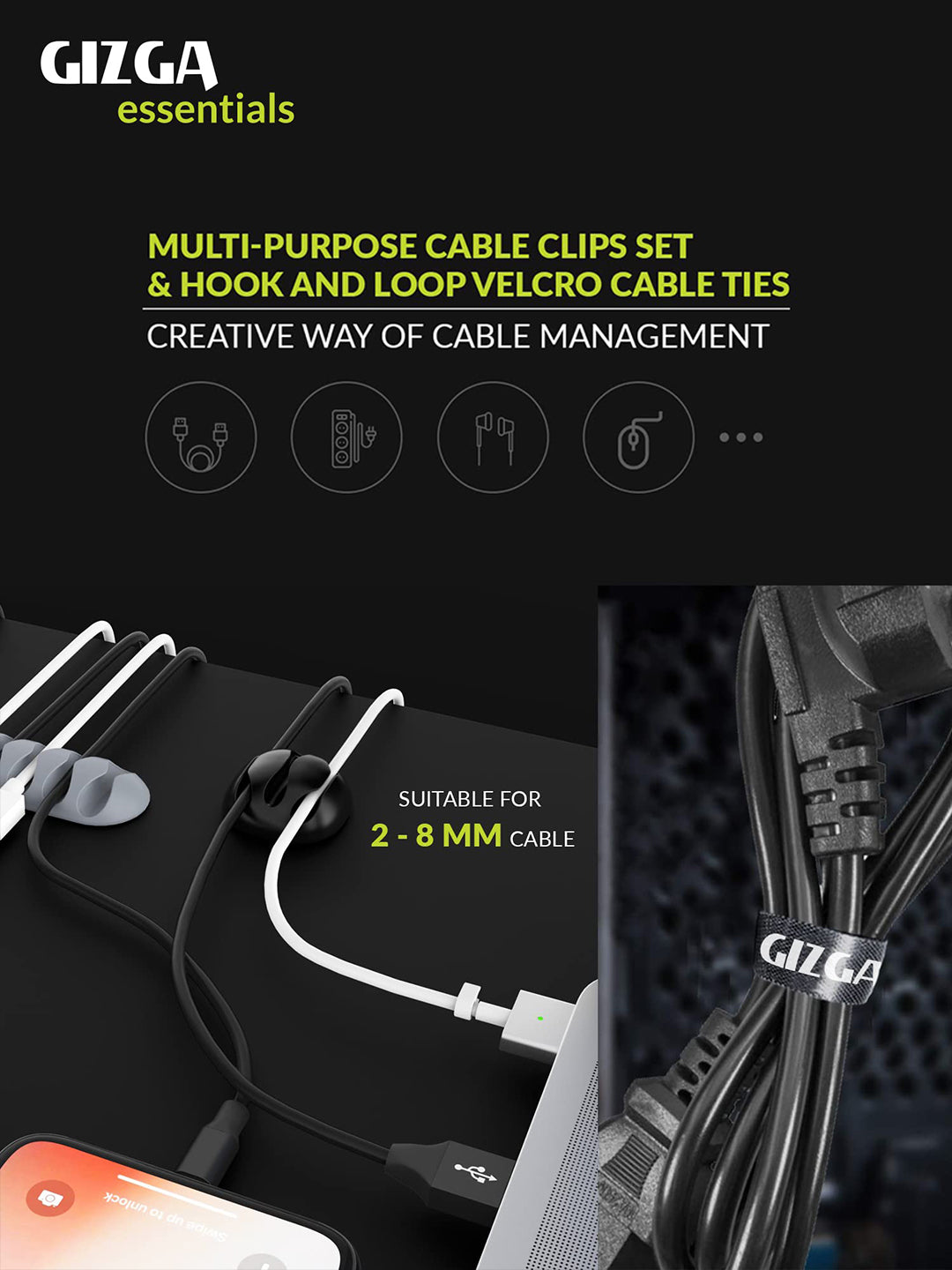 Gizga Essentials Cable Organiser, Cable Protector Silicone Releasable Cable Tie