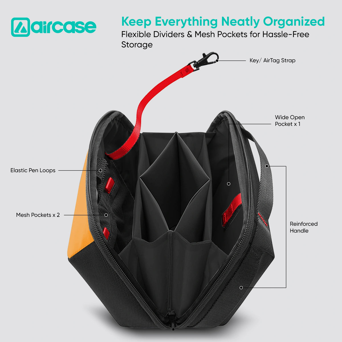 AirCase Multipurpose Toiletry Kit, Travel Organizer with Multiple Compartments, Mesh Pockets, Dual Handle, Zipper Closure & Water-Resistant Nylon Pouch for Makeup, Shaving, Gadgets, & Accessories