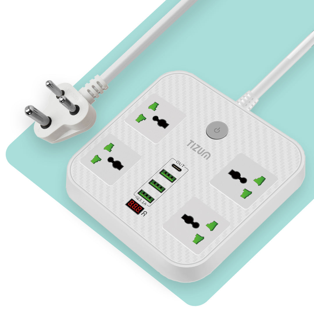 Fast Charging Extension Board with USB Port 4 Sockets, 2 USB, 1 PD & 1 QC 3.1A Port, 2M Cable
