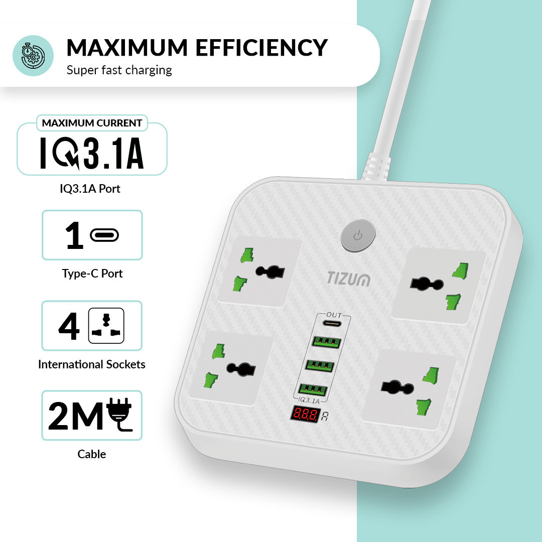 Fast Charging Extension Board with USB Port 4 Sockets, 2 USB, 1 PD & 1 QC 3.1A Port, 2M Cable