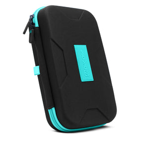 AirCase electronics organizer. EVA hardshell, Lycra exterior, 9 loops, 2 mesh/zipper pockets, safety belt—shockproof/water-resistant for HDD/SSD, cables, adapters, chargers in travel.