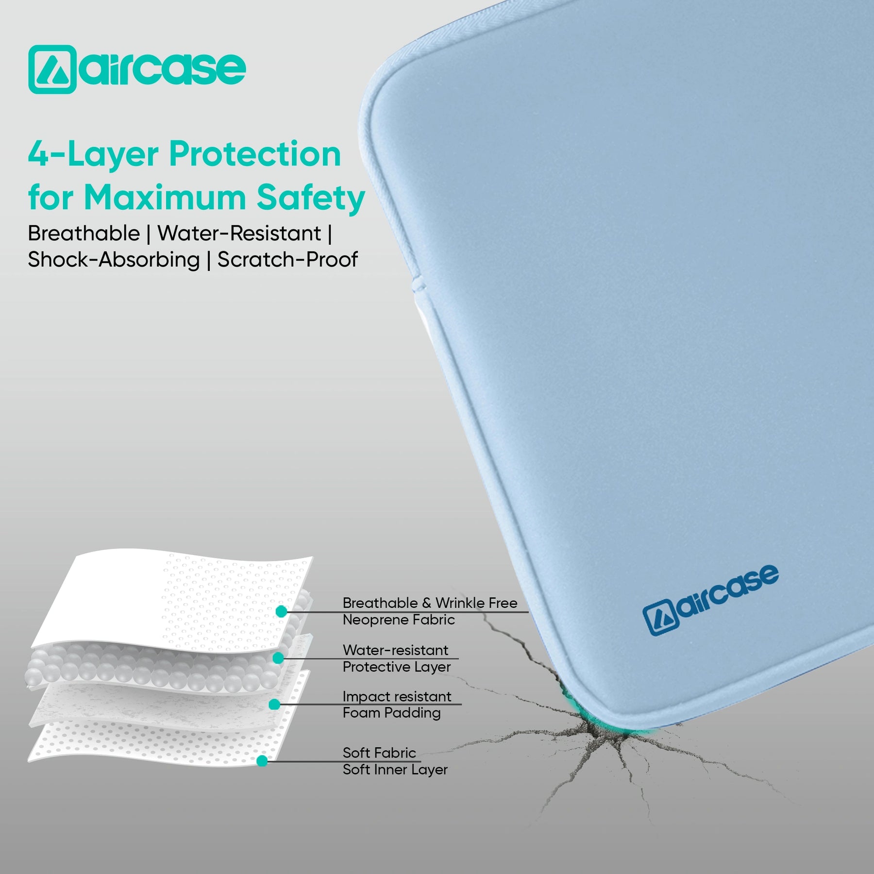 AirCase Aqua Blue protective laptop sleeve for 13.3-inch MacBook/Laptop, padded and water-resistant.