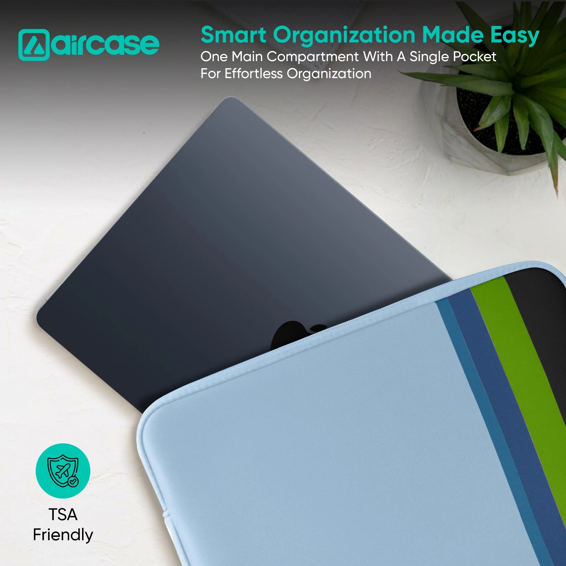 AirCase Aqua Blue protective laptop sleeve for 13.3-inch MacBook/Laptop, padded and water-resistant.