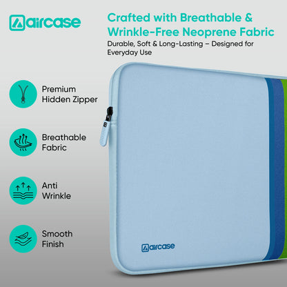 AirCase Aqua Blue protective laptop sleeve for 13.3-inch MacBook/Laptop, padded and water-resistant.