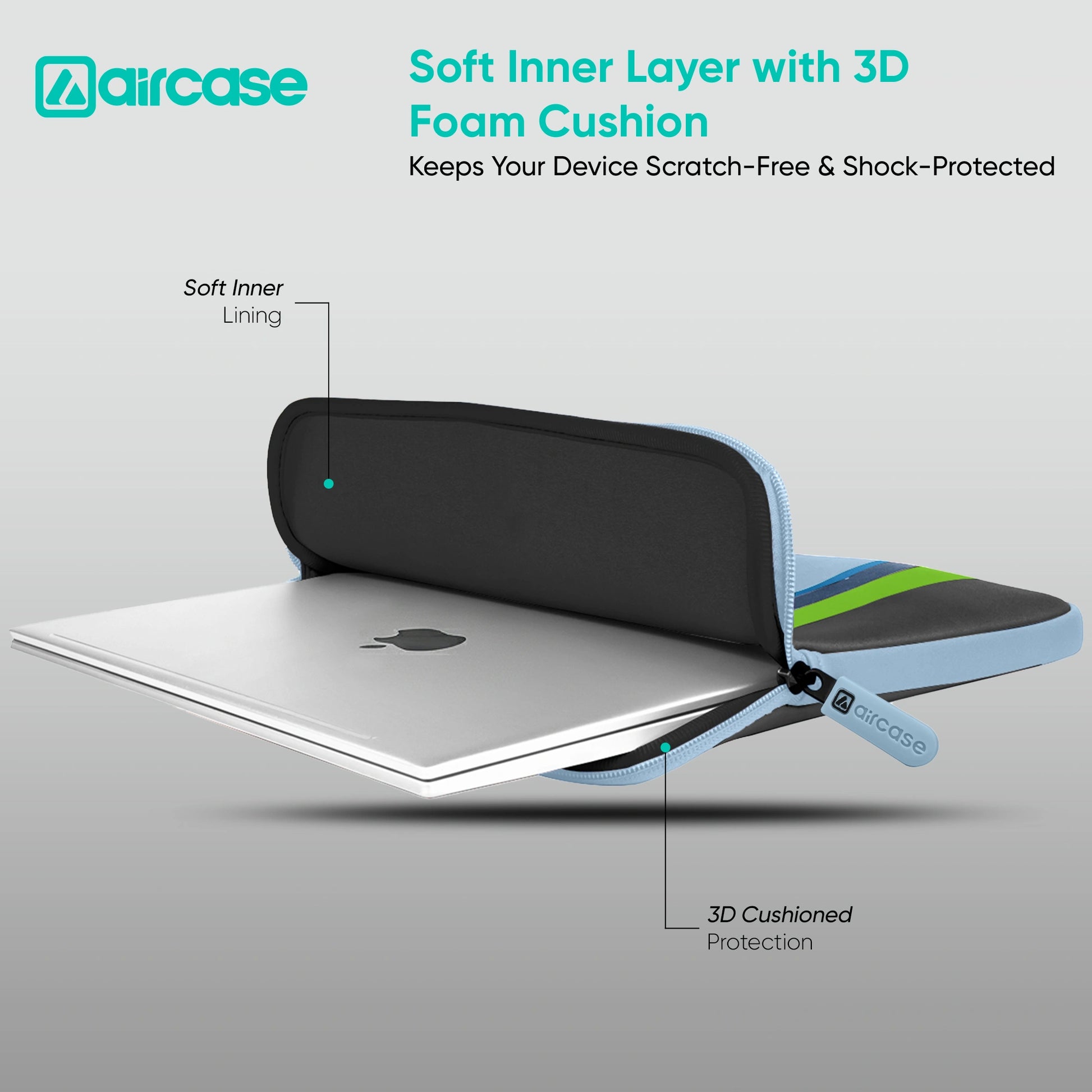 AirCase Aqua Blue protective laptop sleeve for 13.3-inch MacBook/Laptop, padded and water-resistant.