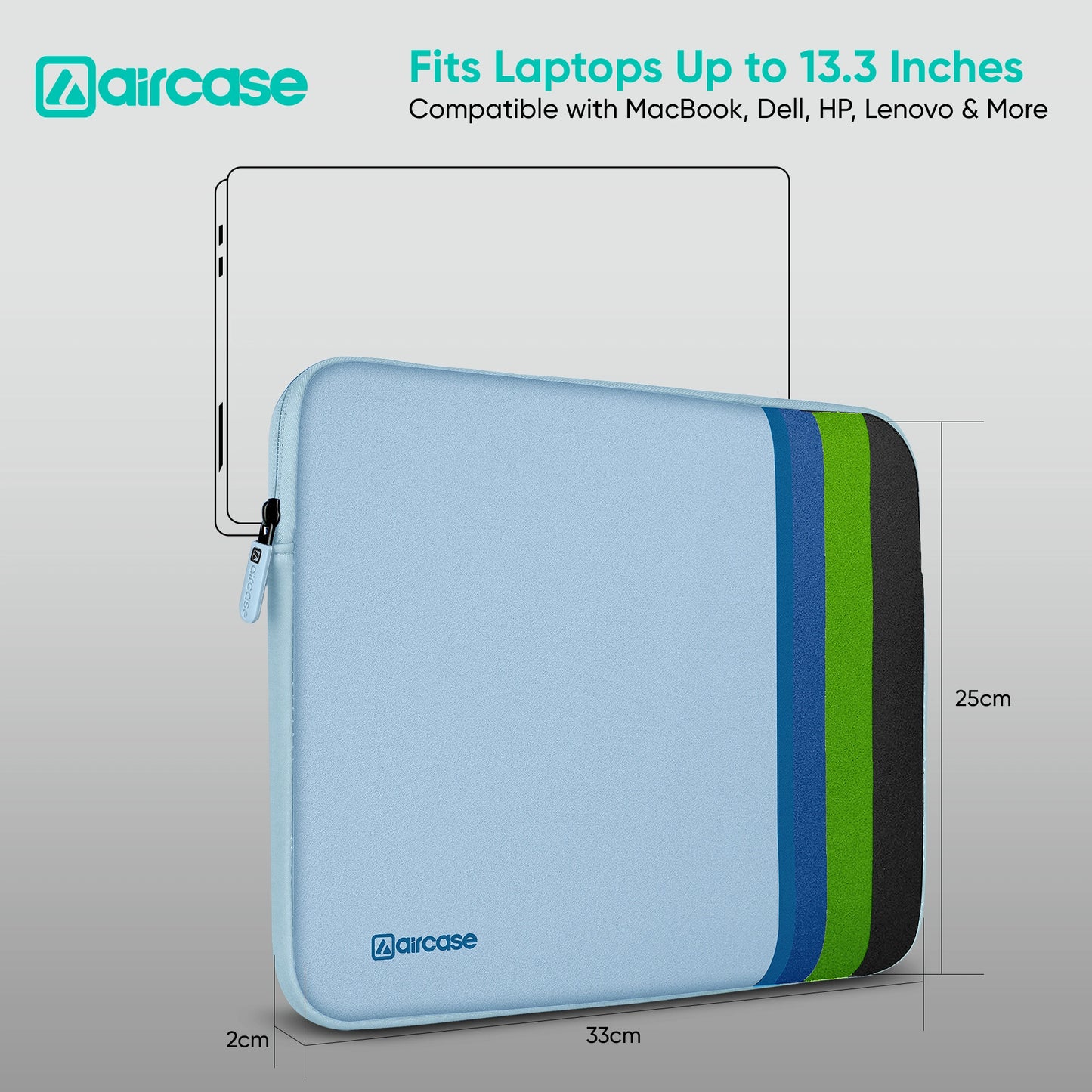 AirCase Aqua Blue protective laptop sleeve for 13.3-inch MacBook/Laptop, padded and water-resistant.