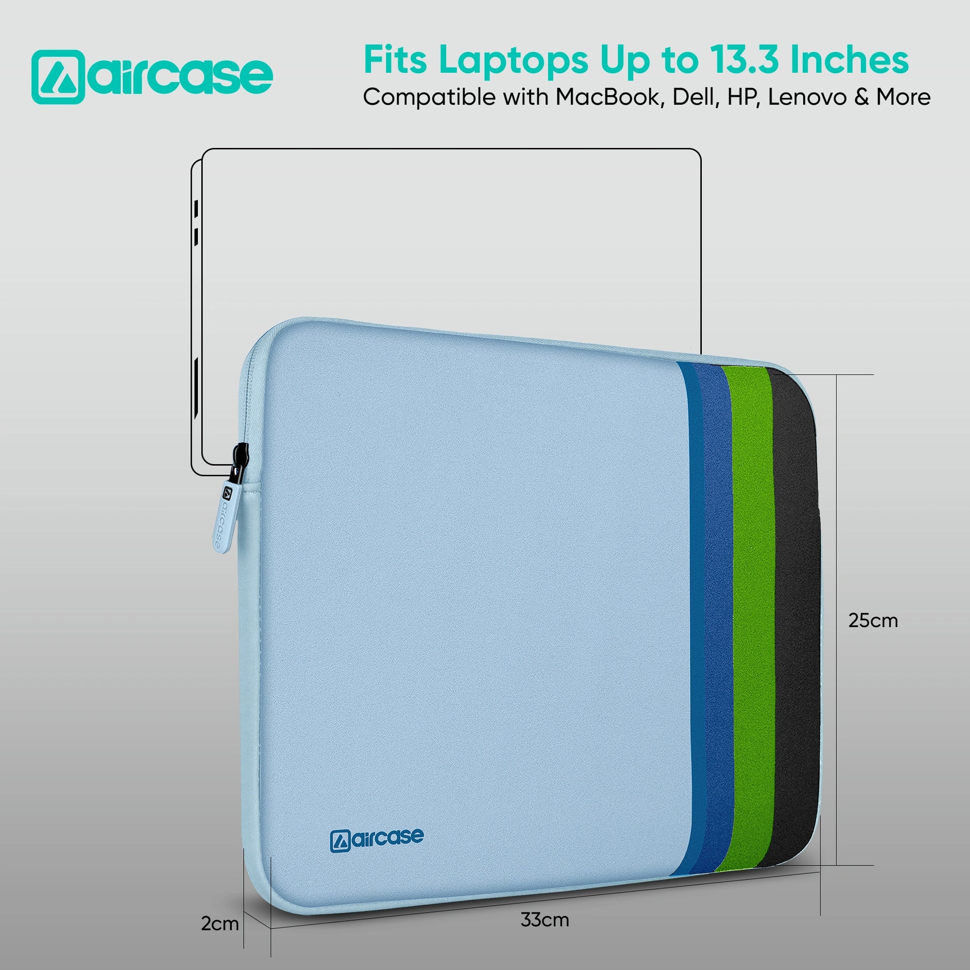 AirCase Aqua Blue protective laptop sleeve for 13.3-inch MacBook/Laptop, padded and water-resistant.