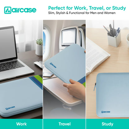 AirCase Aqua Blue protective laptop sleeve for 13.3-inch MacBook/Laptop, padded and water-resistant.