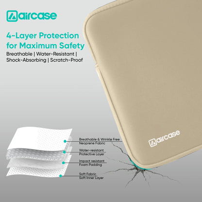 AirCase beige protective laptop sleeve for 13.3-inch MacBook, padded waterproof neoprene cover.