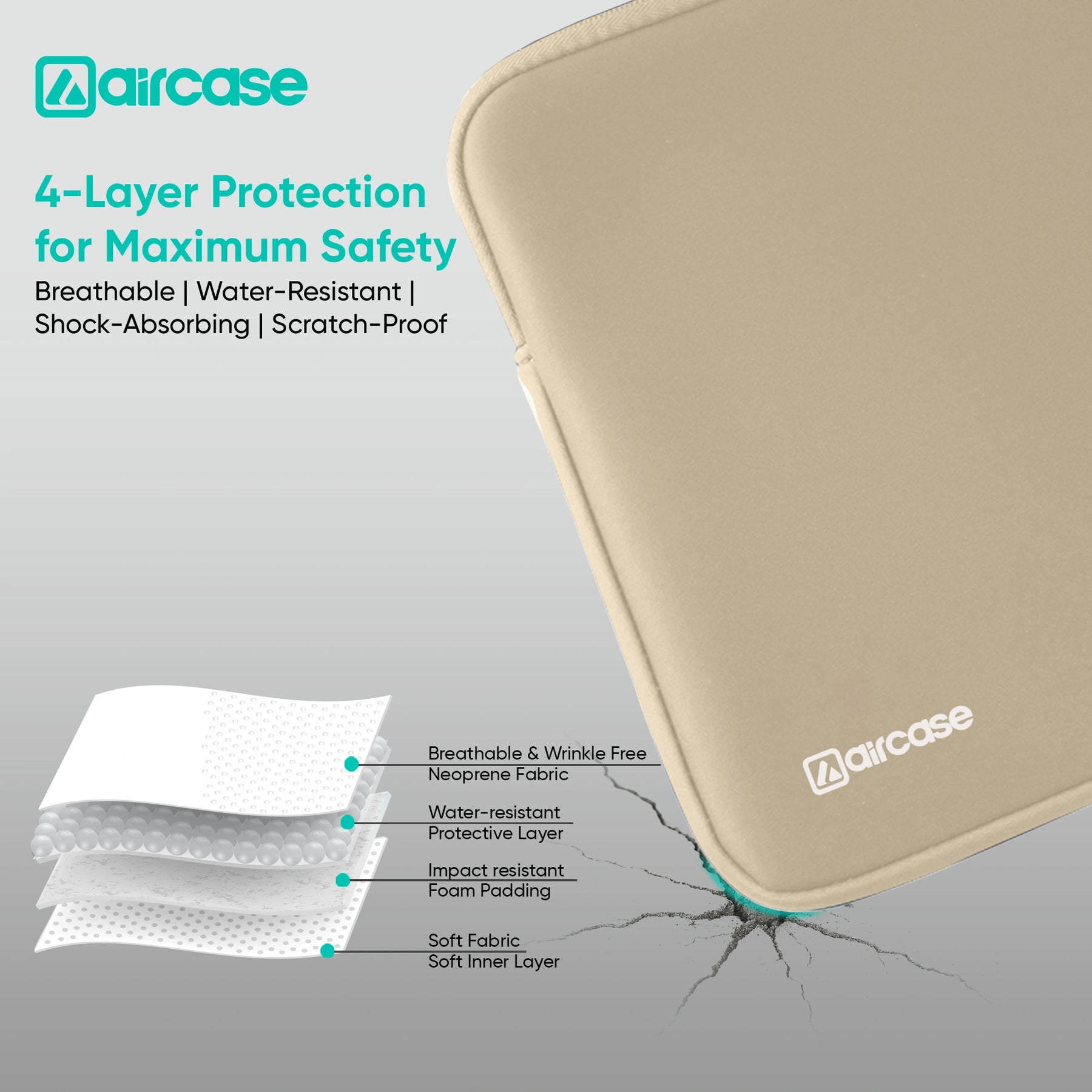 AirCase beige protective laptop sleeve for 13.3-inch MacBook, padded waterproof neoprene cover.