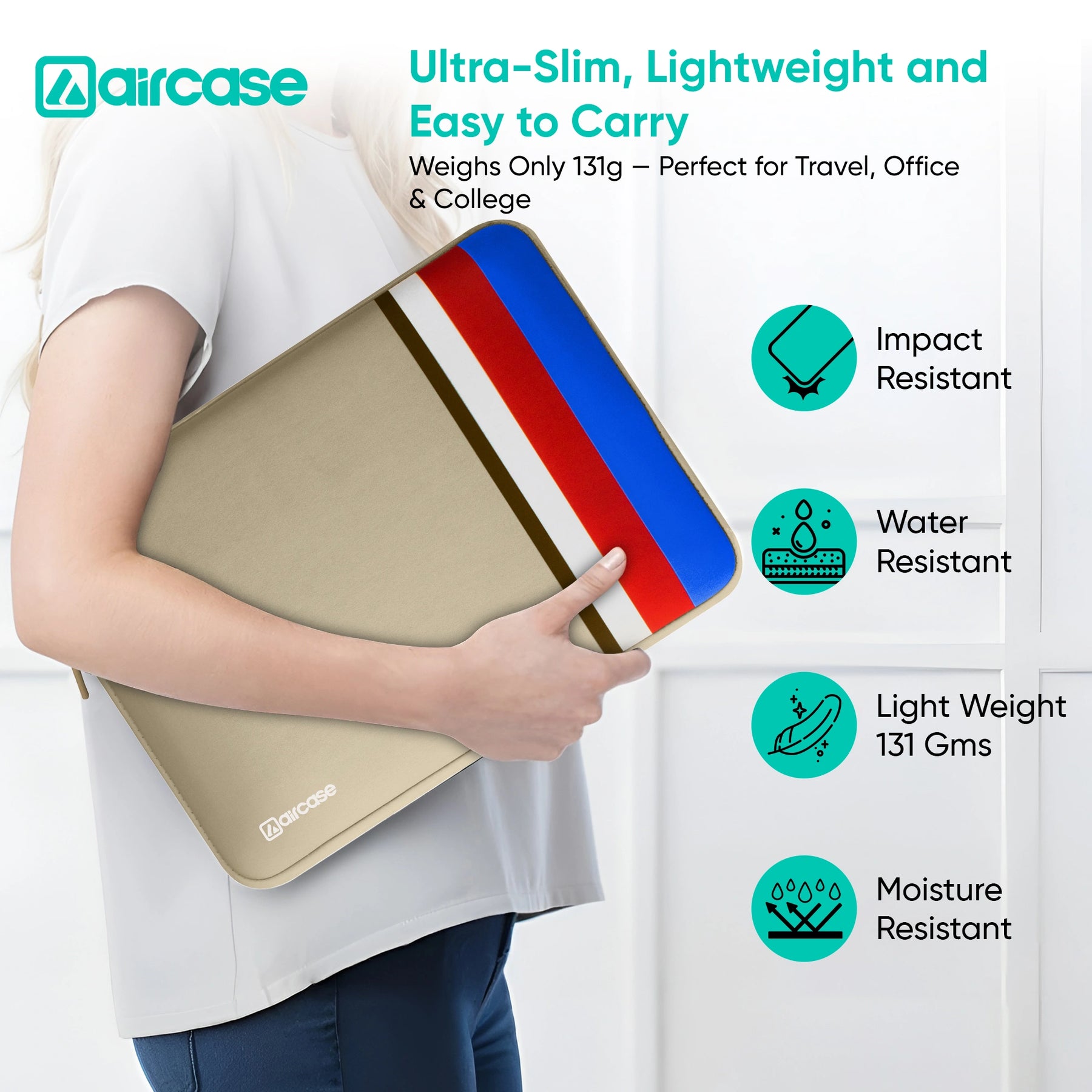 AirCase beige protective laptop sleeve for 13.3-inch MacBook, padded waterproof neoprene cover.
