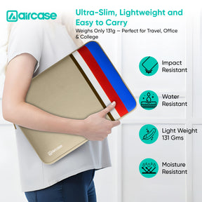 AirCase beige protective laptop sleeve for 13.3-inch MacBook, padded waterproof neoprene cover.