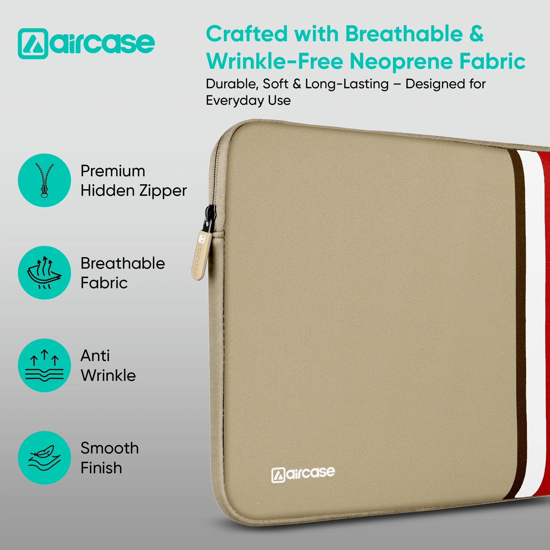 AirCase beige protective laptop sleeve for 13.3-inch MacBook, padded waterproof neoprene cover.