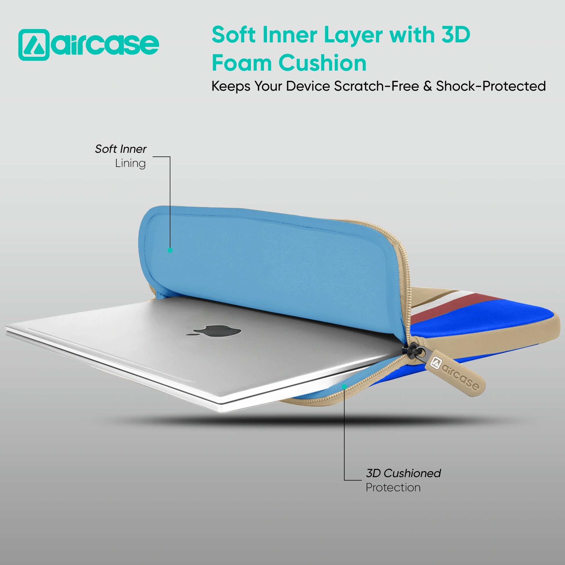 AirCase beige protective laptop sleeve for 13.3-inch MacBook, padded waterproof neoprene cover.