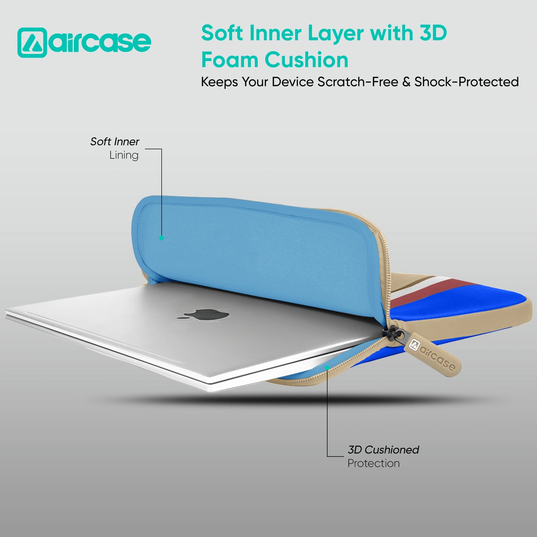 AirCase beige protective laptop sleeve for 13.3-inch MacBook, padded waterproof neoprene cover.