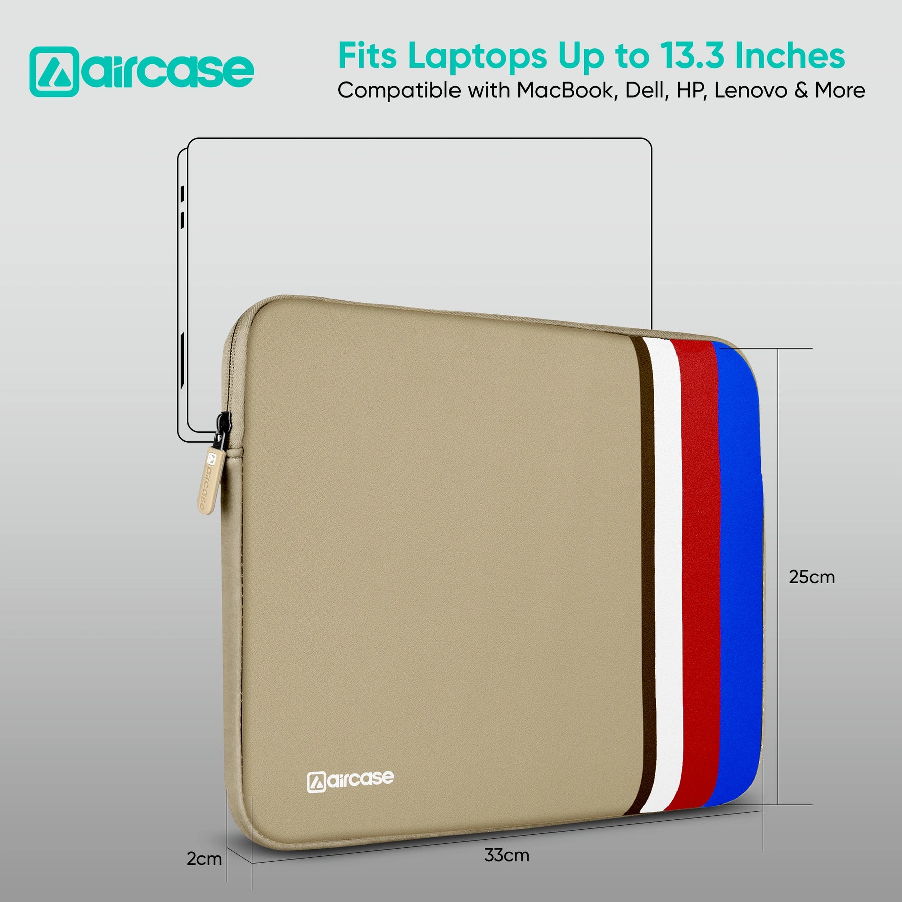 AirCase beige protective laptop sleeve for 13.3-inch MacBook, padded waterproof neoprene cover.