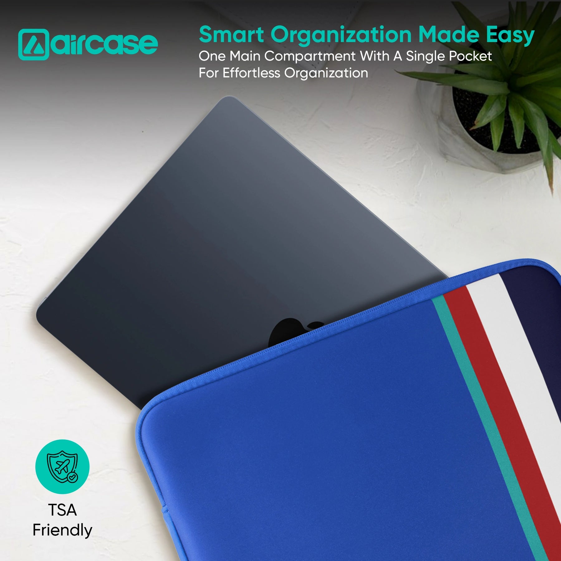 AirCase royal blue protective laptop sleeve for 13.3-inch MacBook, padded water-resistant neoprene cover.