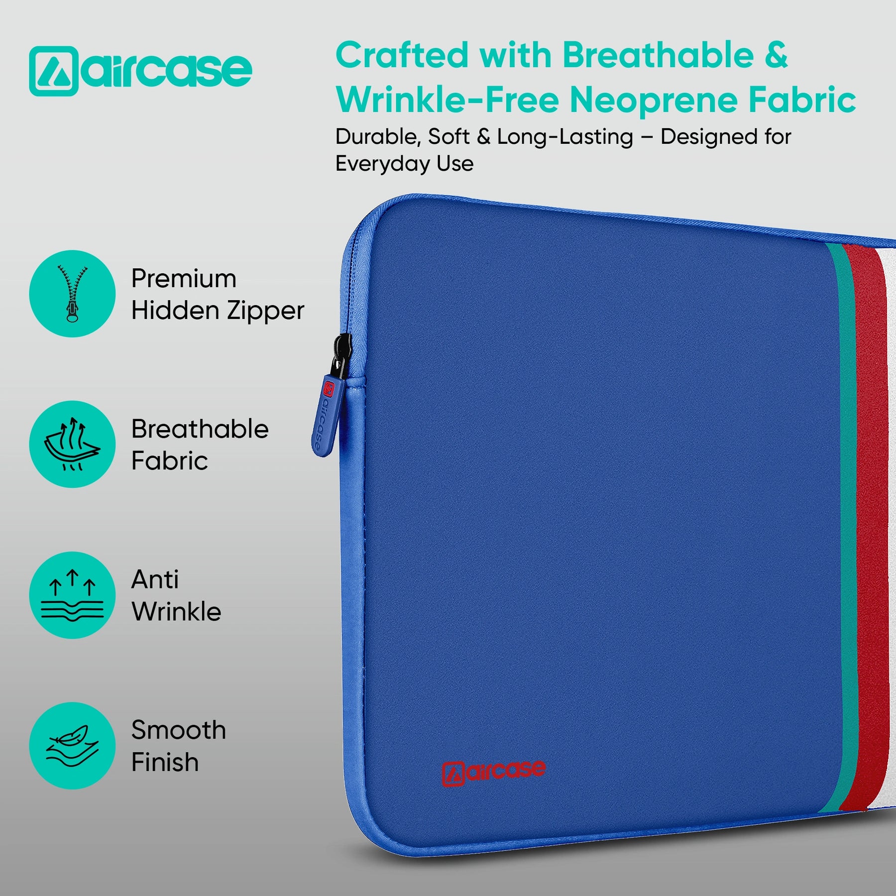 AirCase royal blue protective laptop sleeve for 13.3-inch MacBook, padded water-resistant neoprene cover.