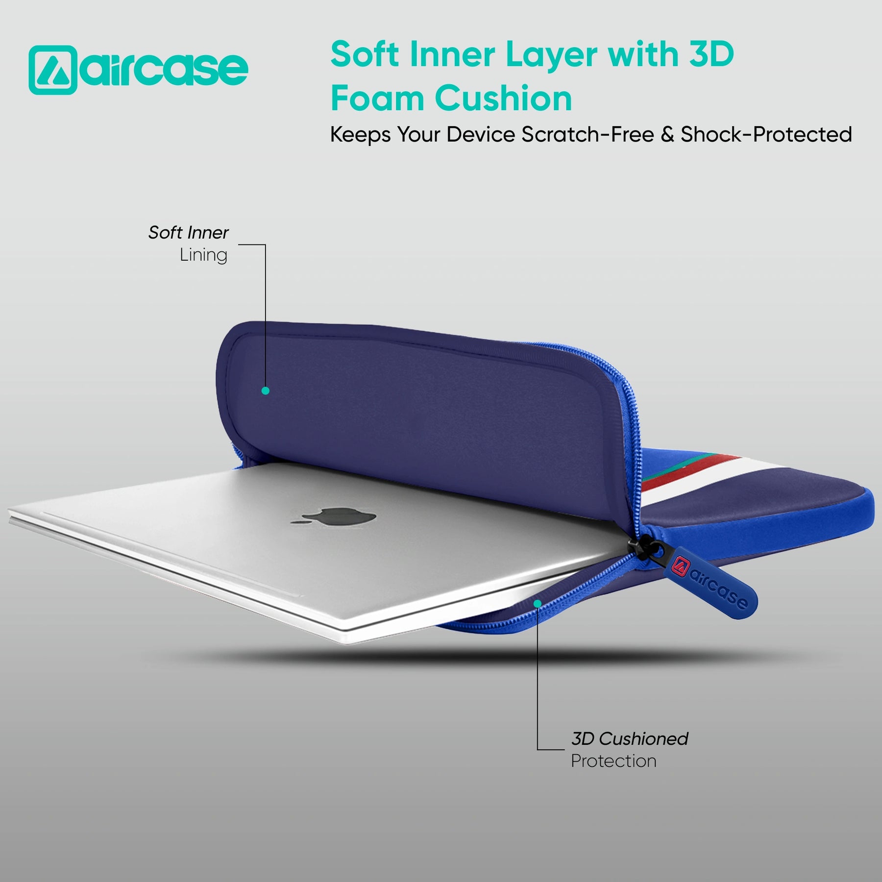 AirCase royal blue protective laptop sleeve for 13.3-inch MacBook, padded water-resistant neoprene cover.