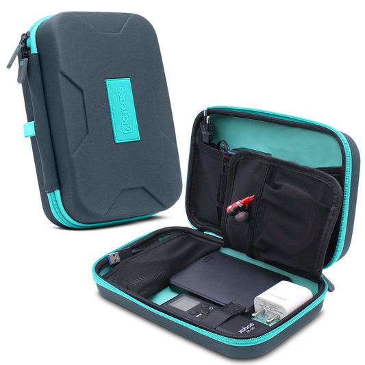 Teal and gray carrying case with open lid showing electronic devices on a white background
