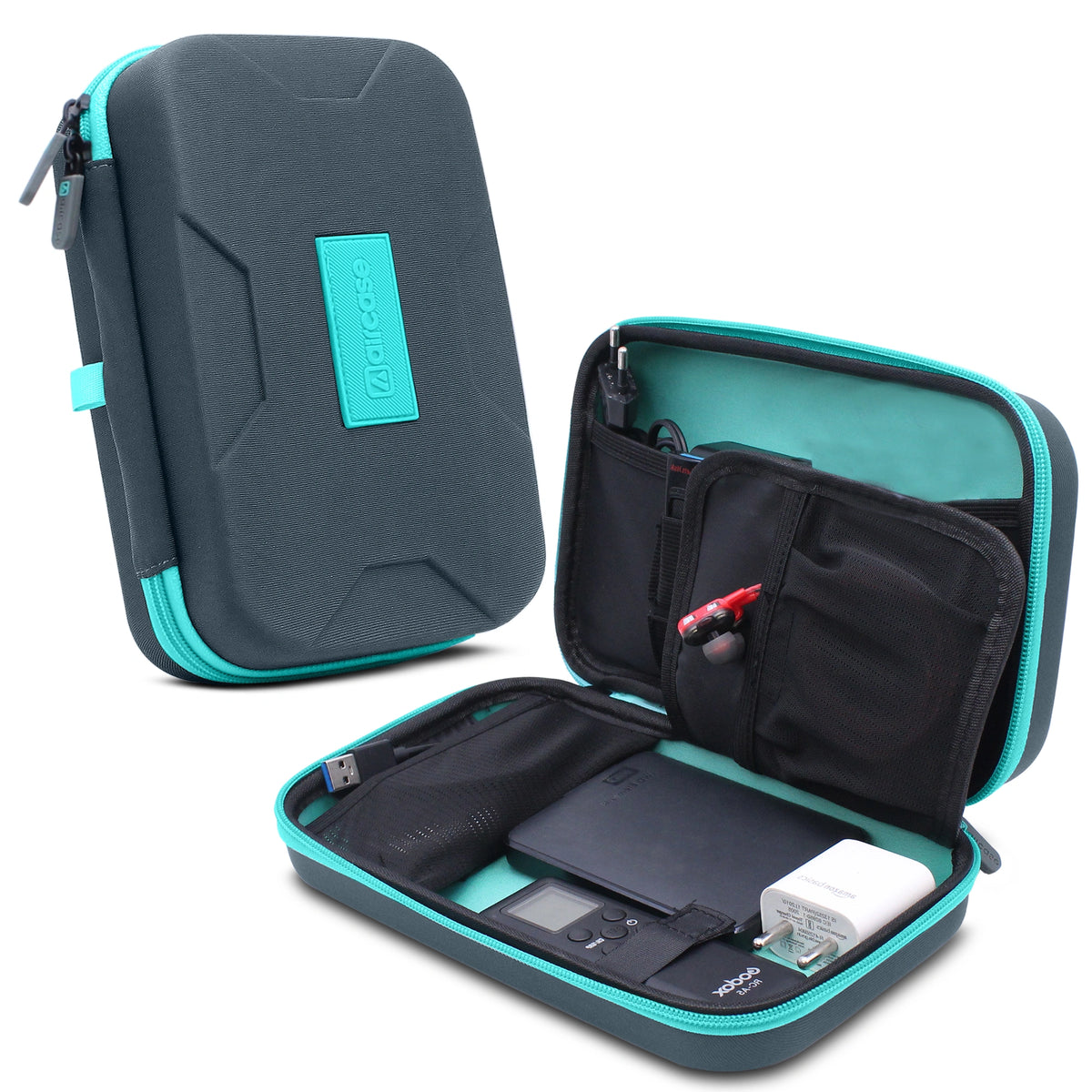Teal and gray carrying case with open lid showing electronic devices on a white background