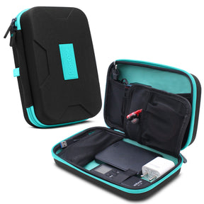 AirCase electronics organizer. EVA hardshell, Lycra exterior, 9 loops, 2 mesh/zipper pockets, safety belt—shockproof/water-resistant for HDD/SSD, cables, adapters, chargers in travel.