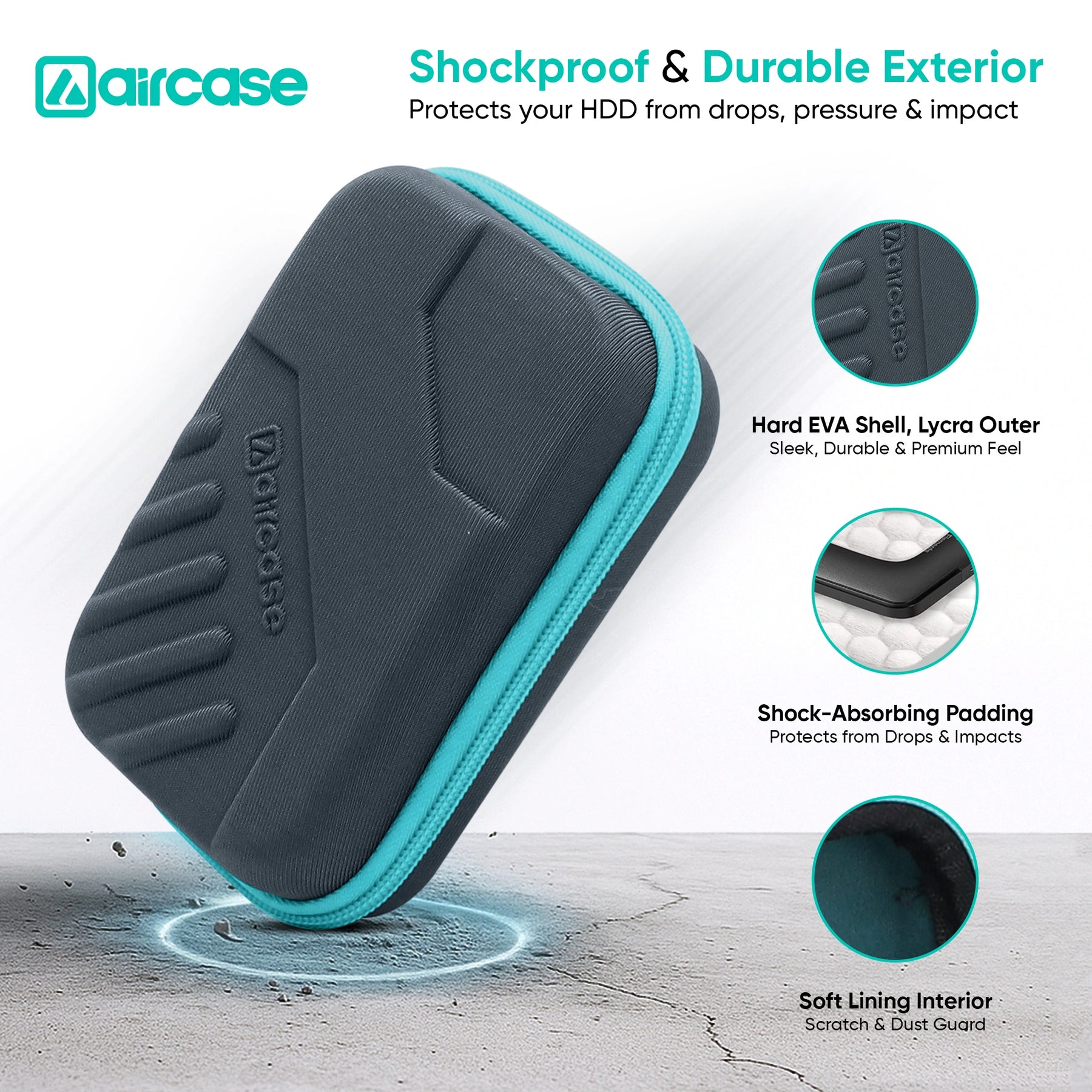 AirCase 2.5-inch shockproof external hard drive travel case with EVA hardshell and soft lining
