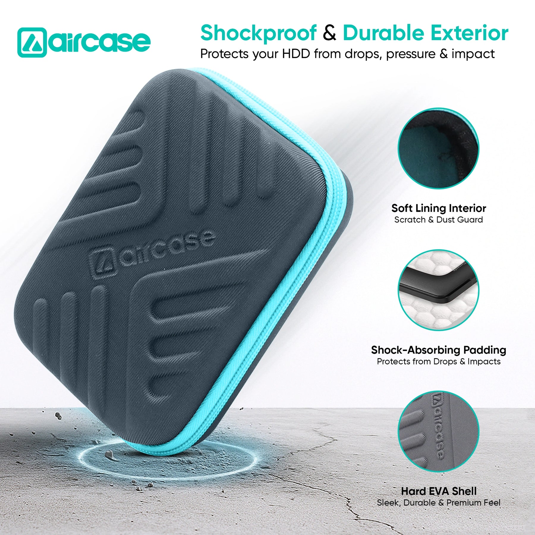 AirCase 2.5-inch shockproof external hard drive travel case with EVA hardshell and soft lining