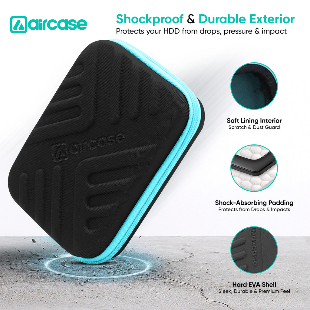 AirCase 2.5-inch shockproof external hard drive travel case with EVA hardshell and soft lining.