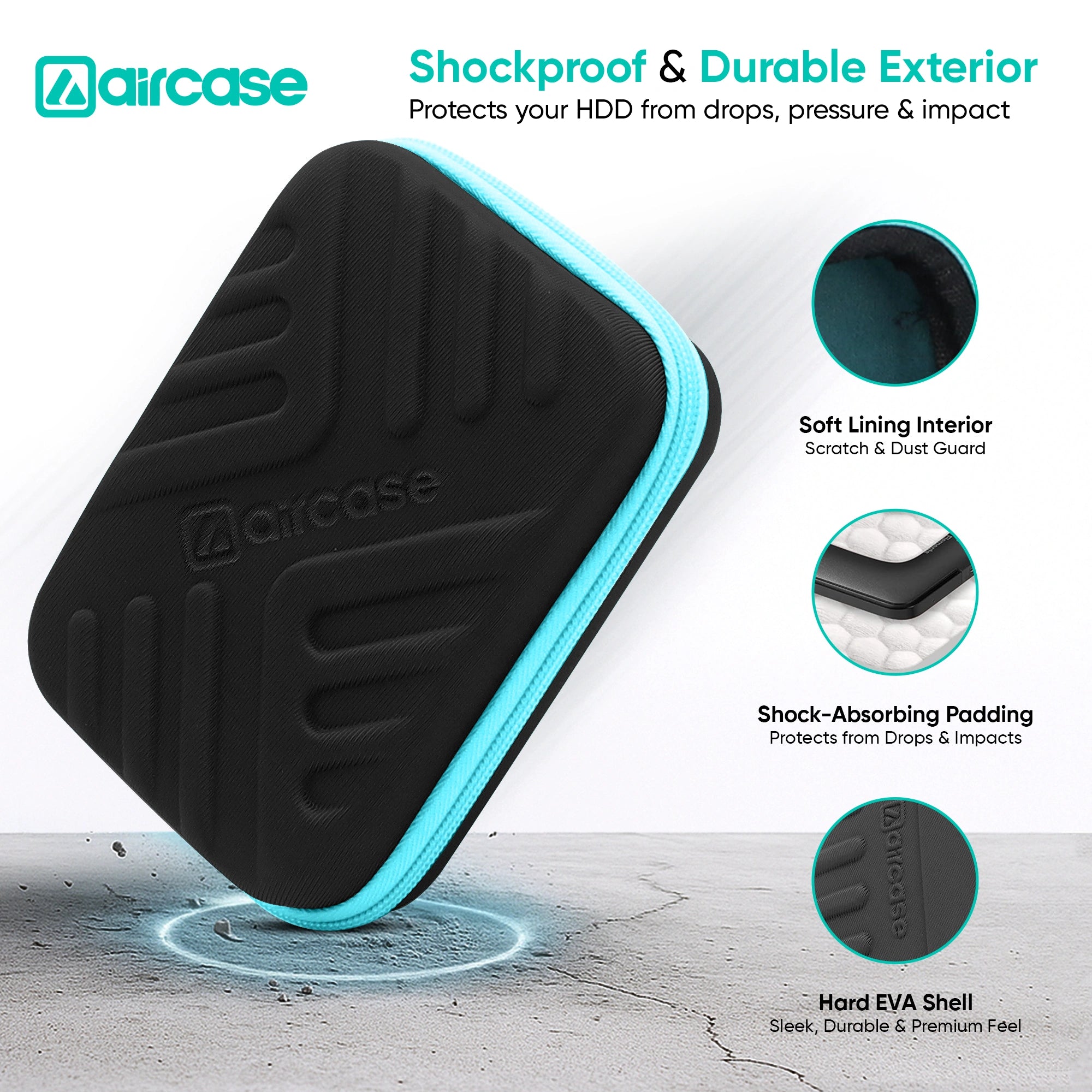 AirCase 2.5-inch shockproof external hard drive travel case with EVA hardshell and soft lining.
