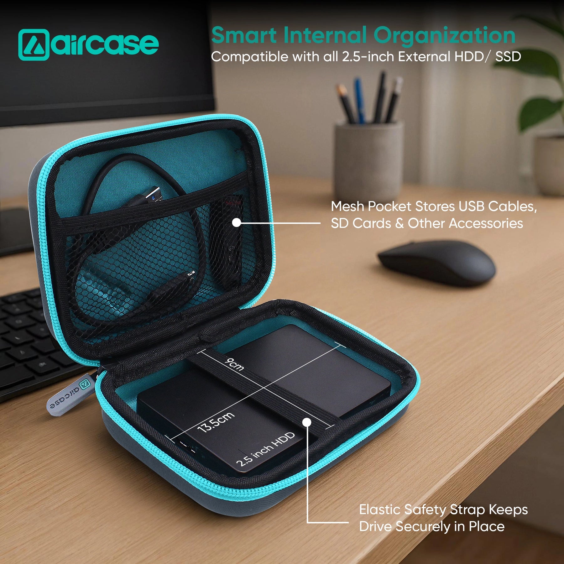 AirCase 2.5-inch shockproof external hard drive travel case with EVA hardshell and soft lining
