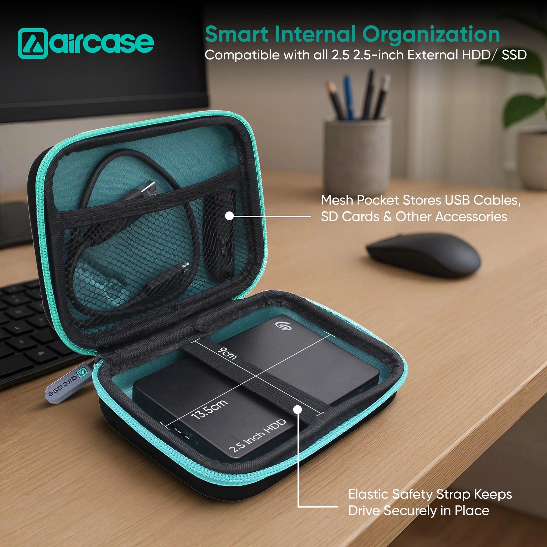 AirCase 2.5-inch shockproof external hard drive travel case with EVA hardshell and soft lining.