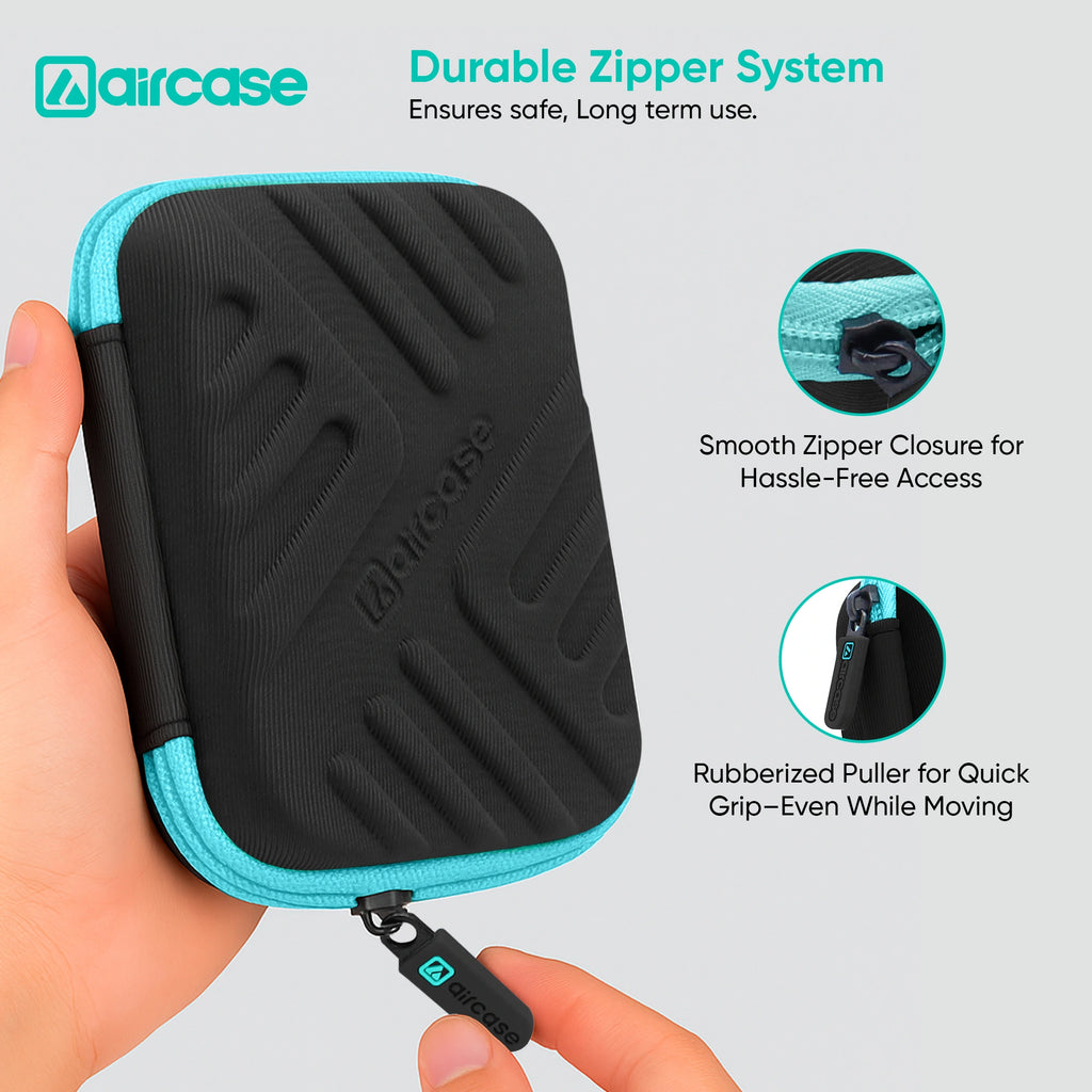AirCase 2.5-inch shockproof external hard drive travel case with EVA hardshell and soft lining.