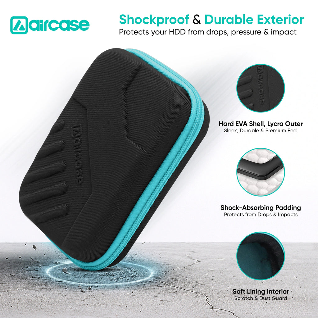 AirCase 2.5-inch shockproof external hard drive case with EVA hardshell and soft lining.
