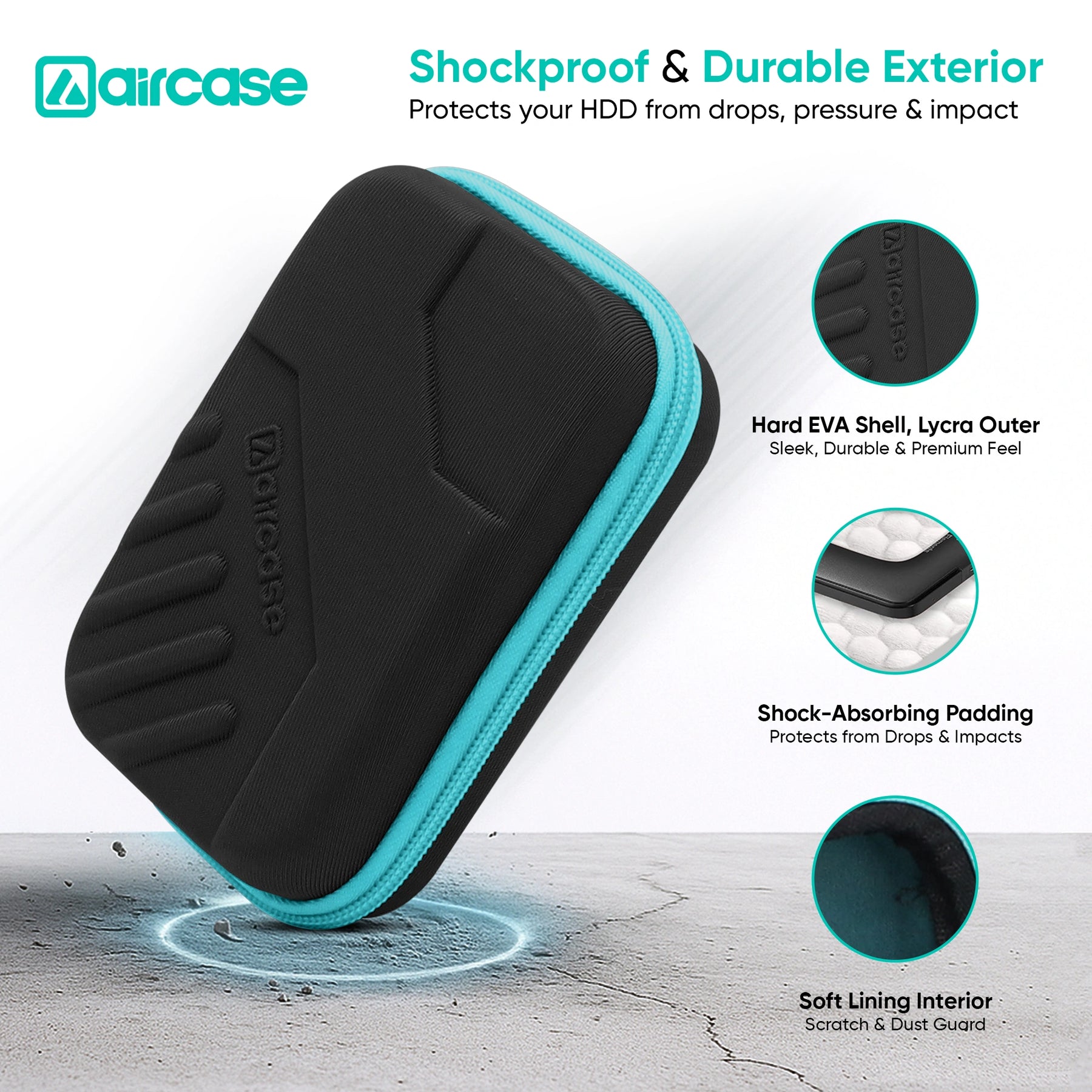 AirCase 2.5-inch shockproof external hard drive case with EVA hardshell and soft lining.
