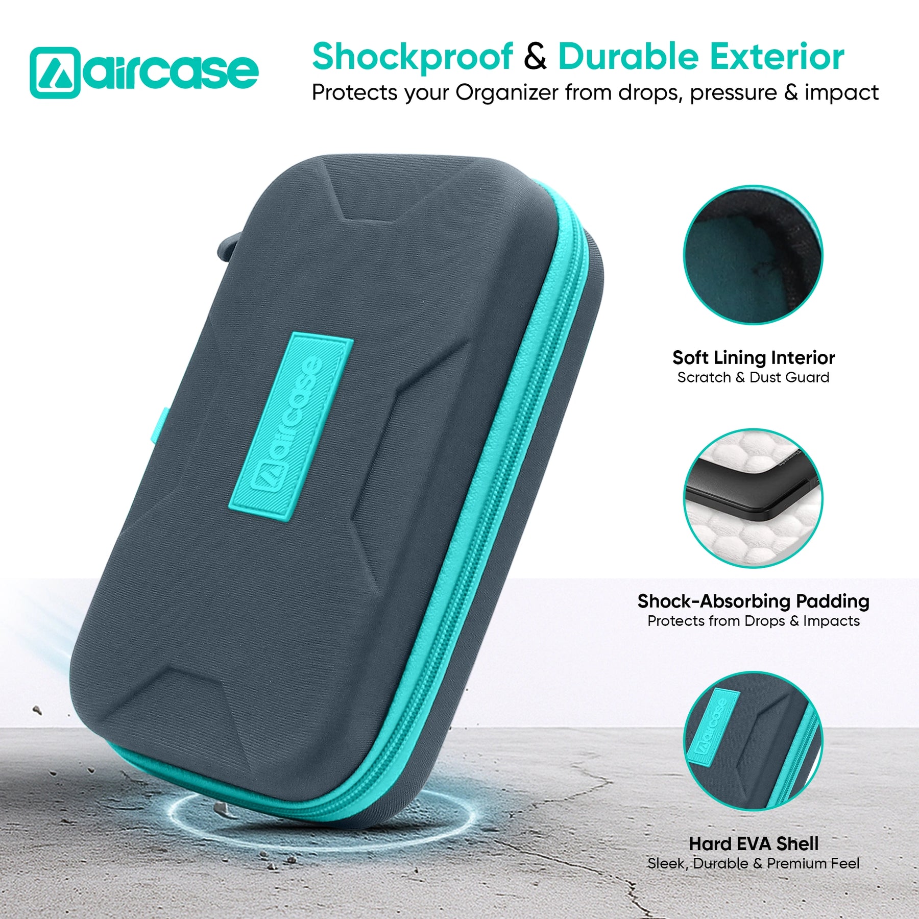 Aircase shockproof organizer with features highlighted on a white background