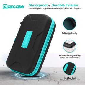 AirCase electronics organizer. EVA hardshell, Lycra exterior, 9 loops, 2 mesh/zipper pockets, safety belt—shockproof/water-resistant for HDD/SSD, cables, adapters, chargers in travel.