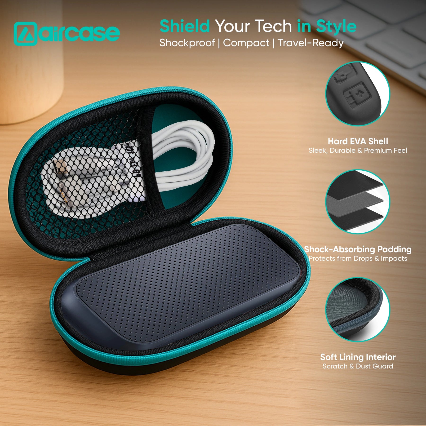 Aircase protective case with shockproof, compact, and travel-ready features on a wooden surface.