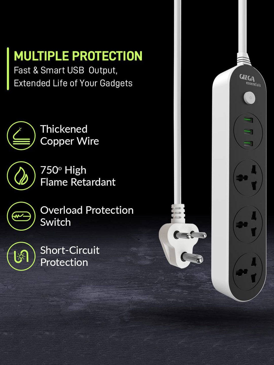 Gizga Essentials Over-Voltage Protection, Fire Retardant Material, 2500W 10A, 3USB Port & 3 Socket Extension Boards
