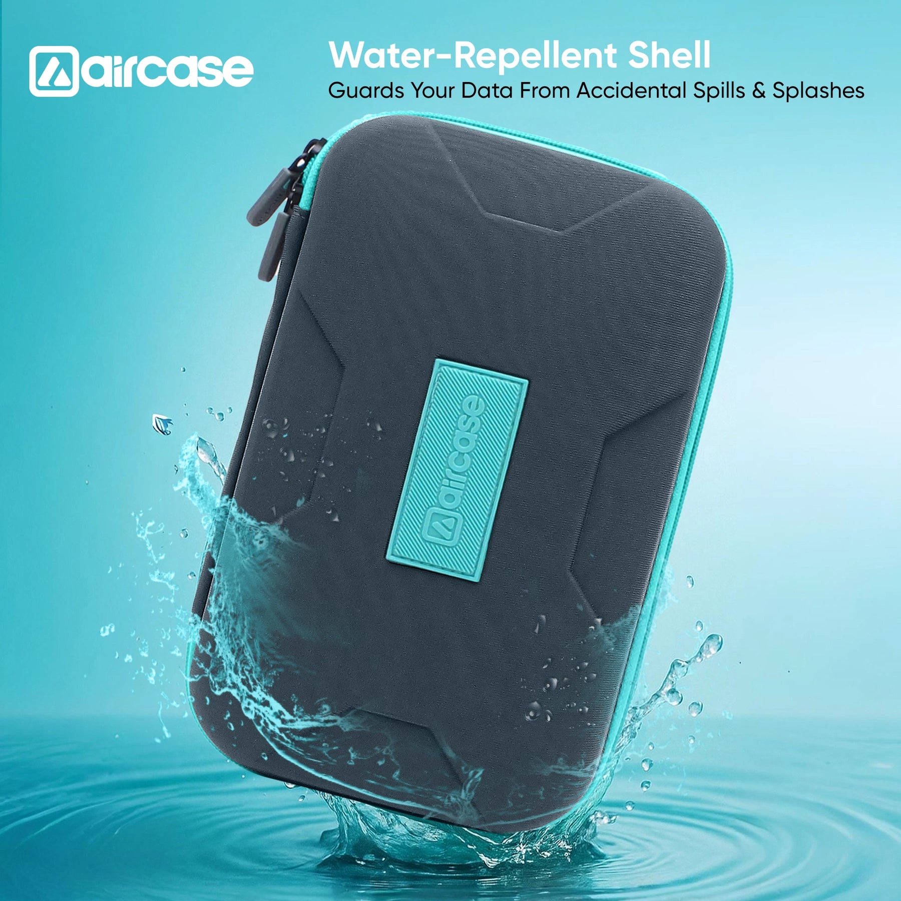 Aircase water-repellent shell product with water splashes on a blue background