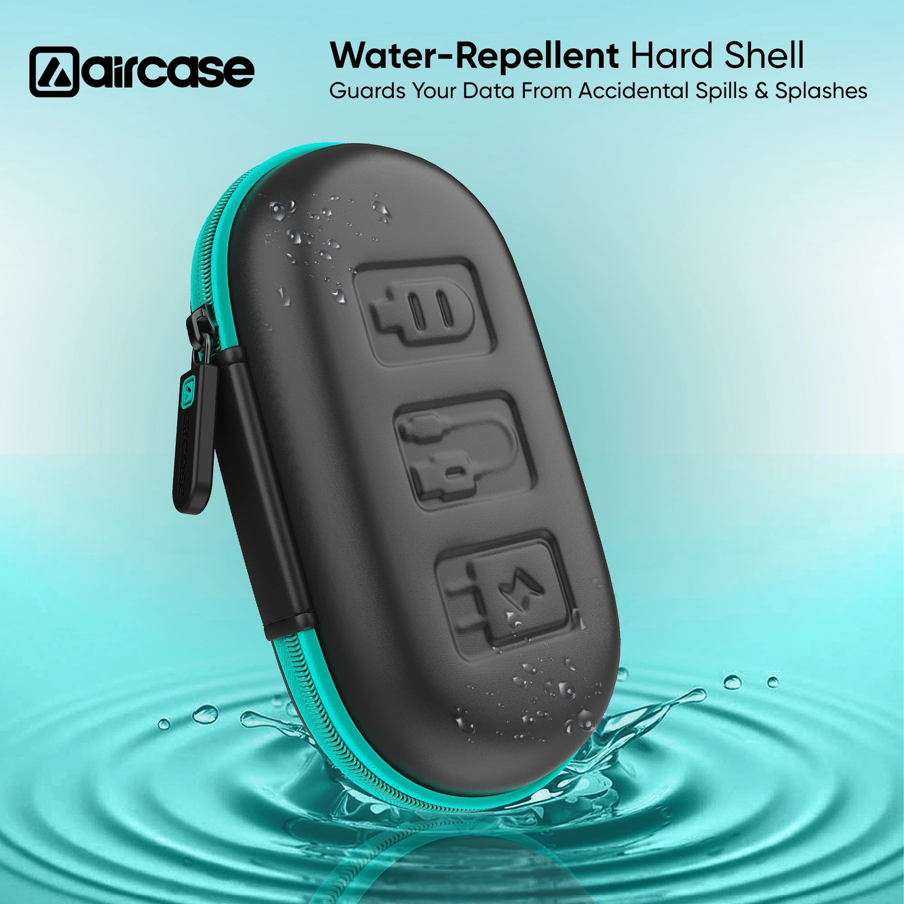 Aircase water-repellent hard shell case with buttons on a blue gradient background