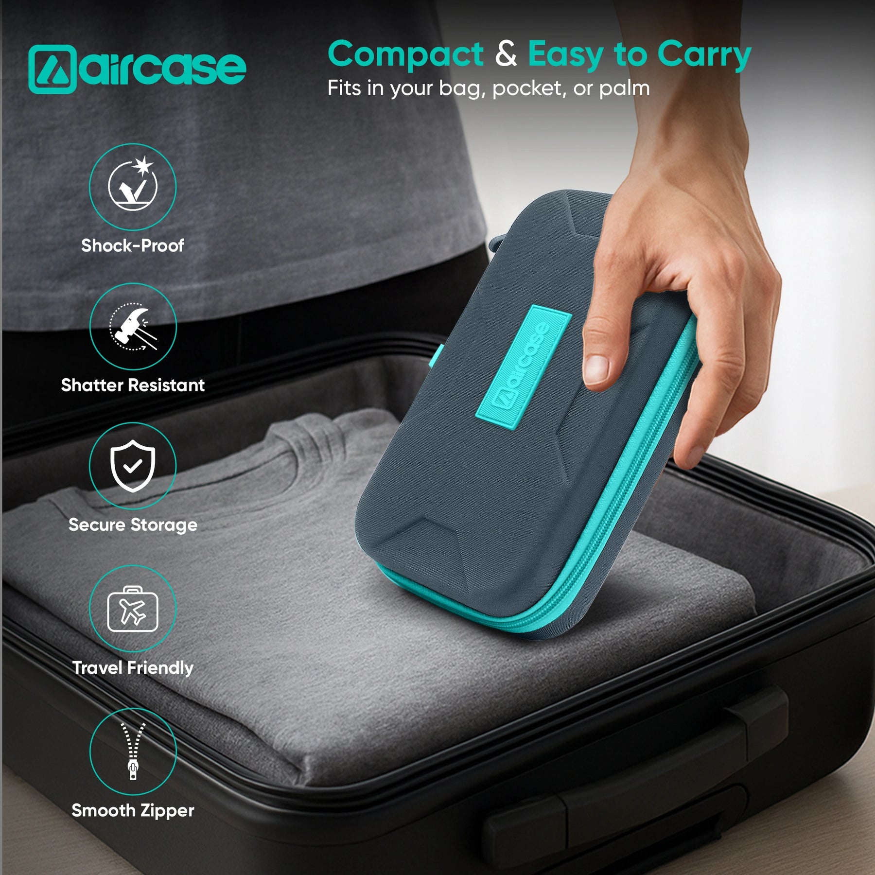 Aircase protective case being placed into an open suitcase with features highlighted.