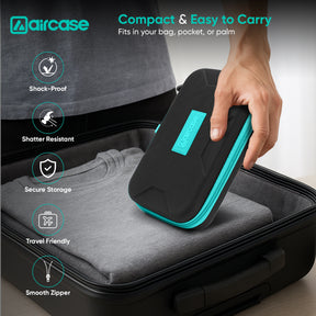 AirCase electronics organizer. EVA hardshell, Lycra exterior, 9 loops, 2 mesh/zipper pockets, safety belt—shockproof/water-resistant for HDD/SSD, cables, adapters, chargers in travel.