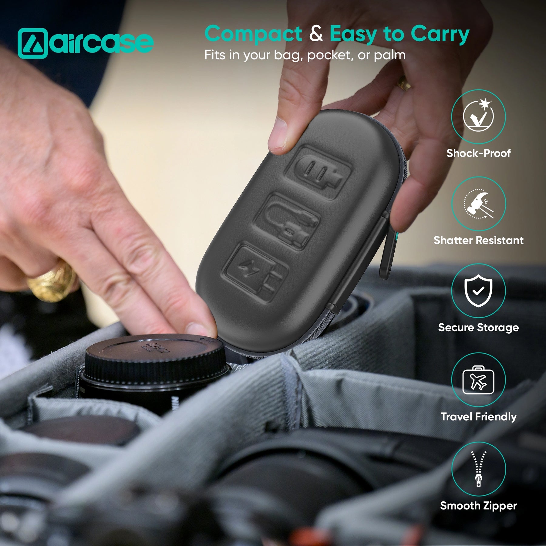 Airtcase product being used to store items in a bag, with features highlighted.