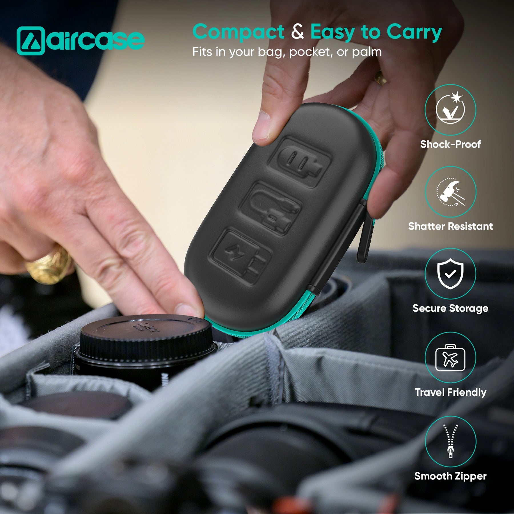 Aircase product being used to store camera lenses in a bag, with features highlighted.